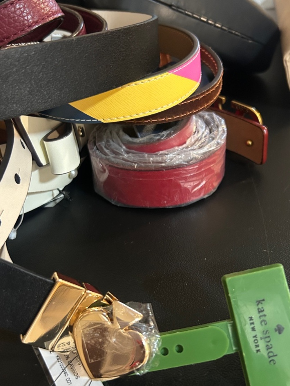 kate spade Black Leather Belt with SmallGold Heart Buckle with white reverse sid